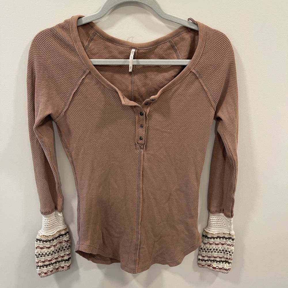 Free People Brown Waffle Knit Henley
